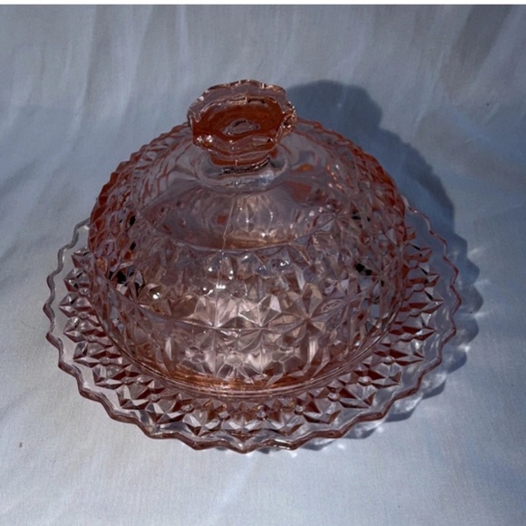 Other - Vintage Pink Depression Glass Round Covered Butter Dish - Diamond Point